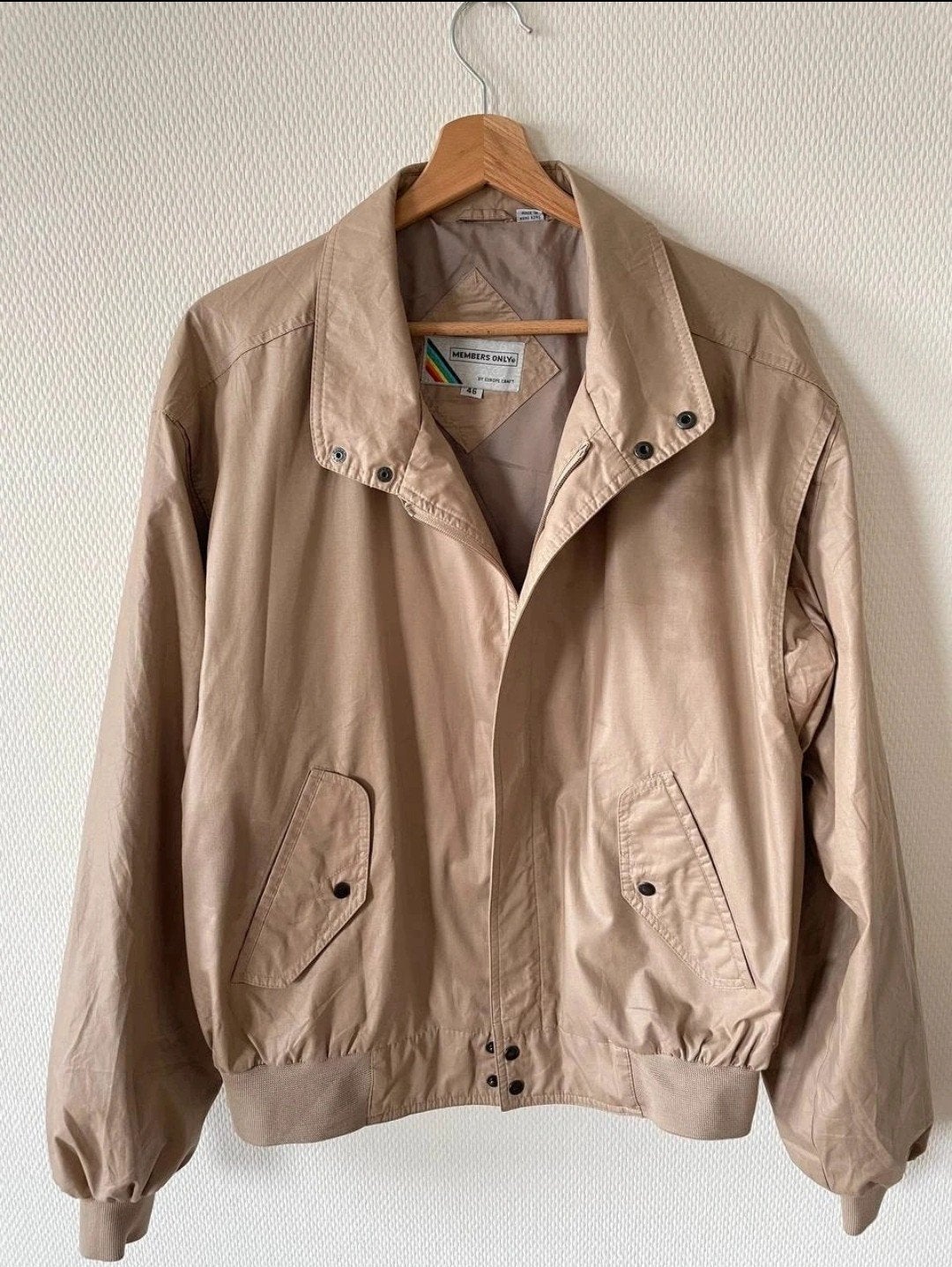 Vintage Members Only Bomber Jacket L Beige 46, Beige, Members Only, Ophalen of Verzenden, Zo goed als nieuw
