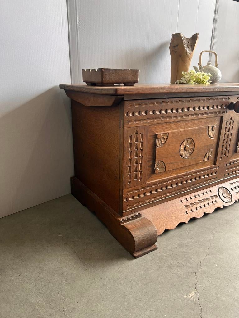 Antieke eiken dekenkist / kistbank met snijwerk, D, Minder dan 50 cm, 100 tot 150 cm, Eikenhout