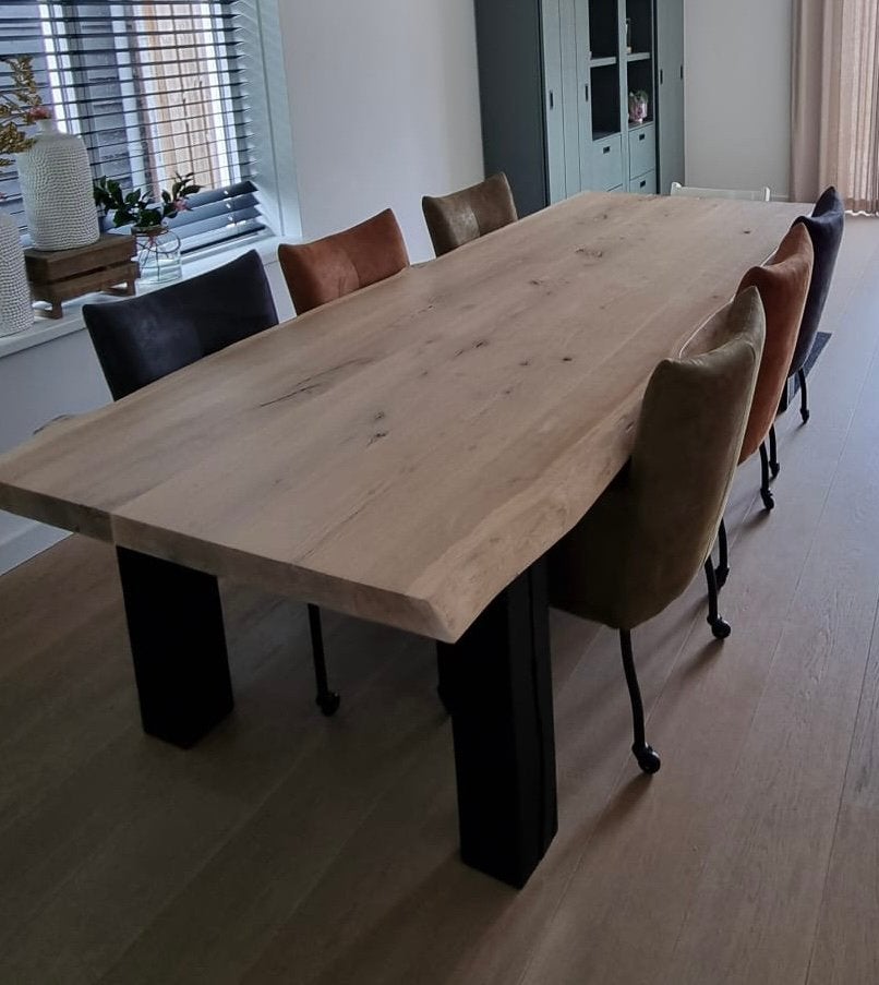 Exclusieve Eiken Boomstamtafel met Zwarte Poten, Ophalen, Gebruikt, 100 tot 150 cm, Eikenhout