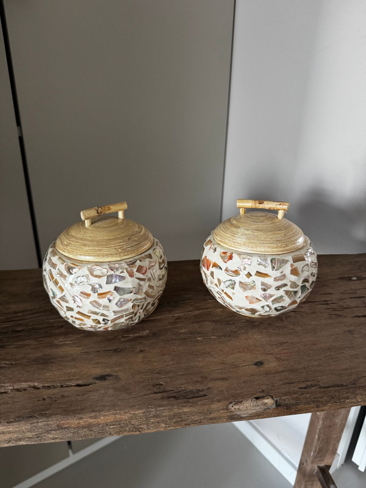 Set van 2 mozaïek potten met bamboe deksel, Meerkleurig, Boho, Ophalen of Verzenden, Zo goed als nieuw
