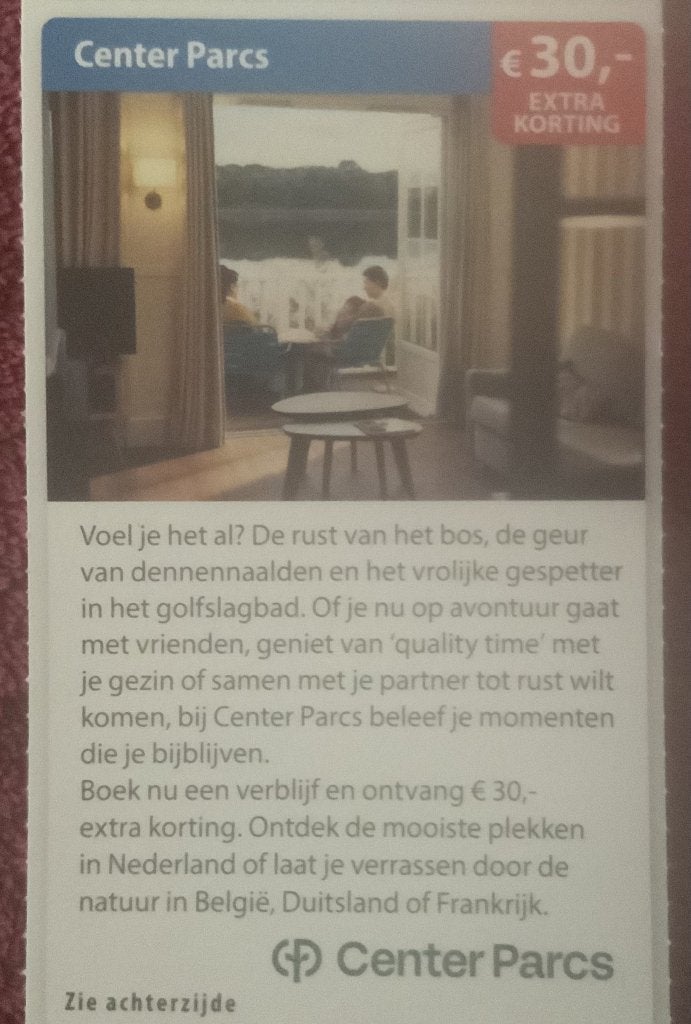 Center Parcs extra korting Voordeelbon, Drie personen of meer, Kortingsbon, Bungalowpark