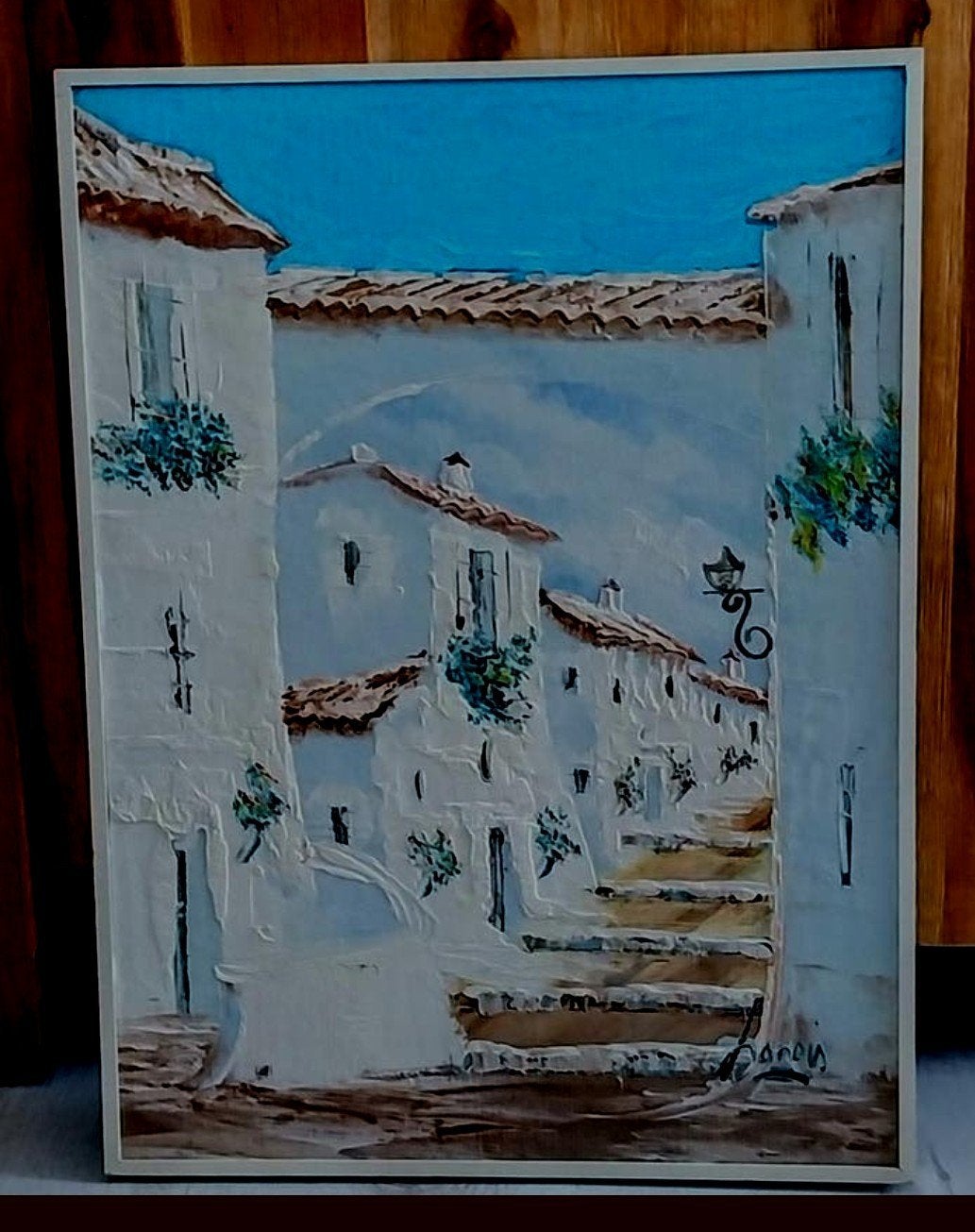 Schilderij 'Spaanse straatje' 45x35 cm, Ophalen of Verzenden