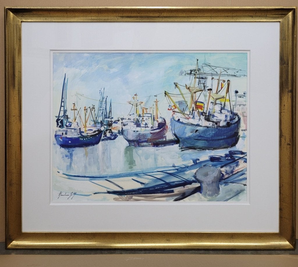 Leo BOSSELAERS, havengezicht, Antiek en Kunst, Ophalen, Gesigneerd, Aquarel, Papier