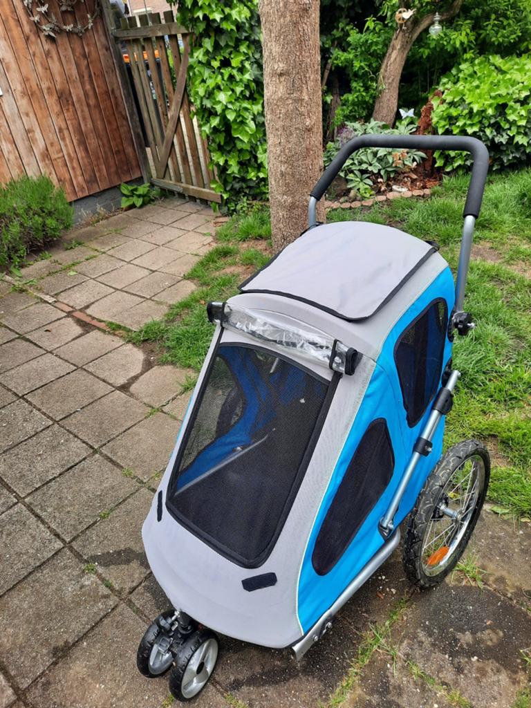 Super hondenfietskar/ wandelwagen. Grijs, zwart turquoise., Ophalen, Hondenkar