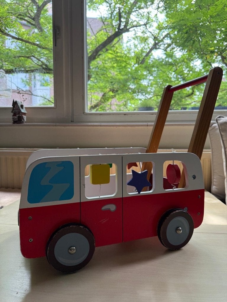 Dushi Houten Loopwagen / Blokkenkar Motor Bus – Rood/Wit, Kinderen en Baby's, Speelgoed | Houten speelgoed, Ophalen, Gebruikt