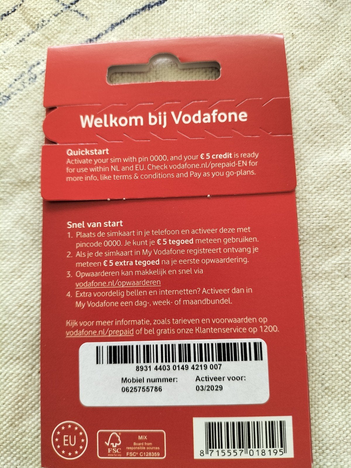 06.25.755.786 Vodafone Prepaid Simkaart met €5 tegoed - Nieu, Verzenden, Nieuw, Vodafone, Simkaart