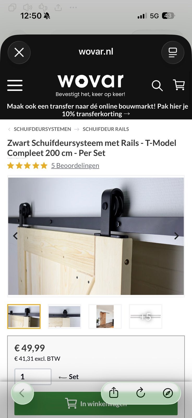 2x Nieuw Wovar Schuifdeursysteem Zwart – T-model – Rail200cm, Ophalen, Overige materialen, Zwart, Overige typen