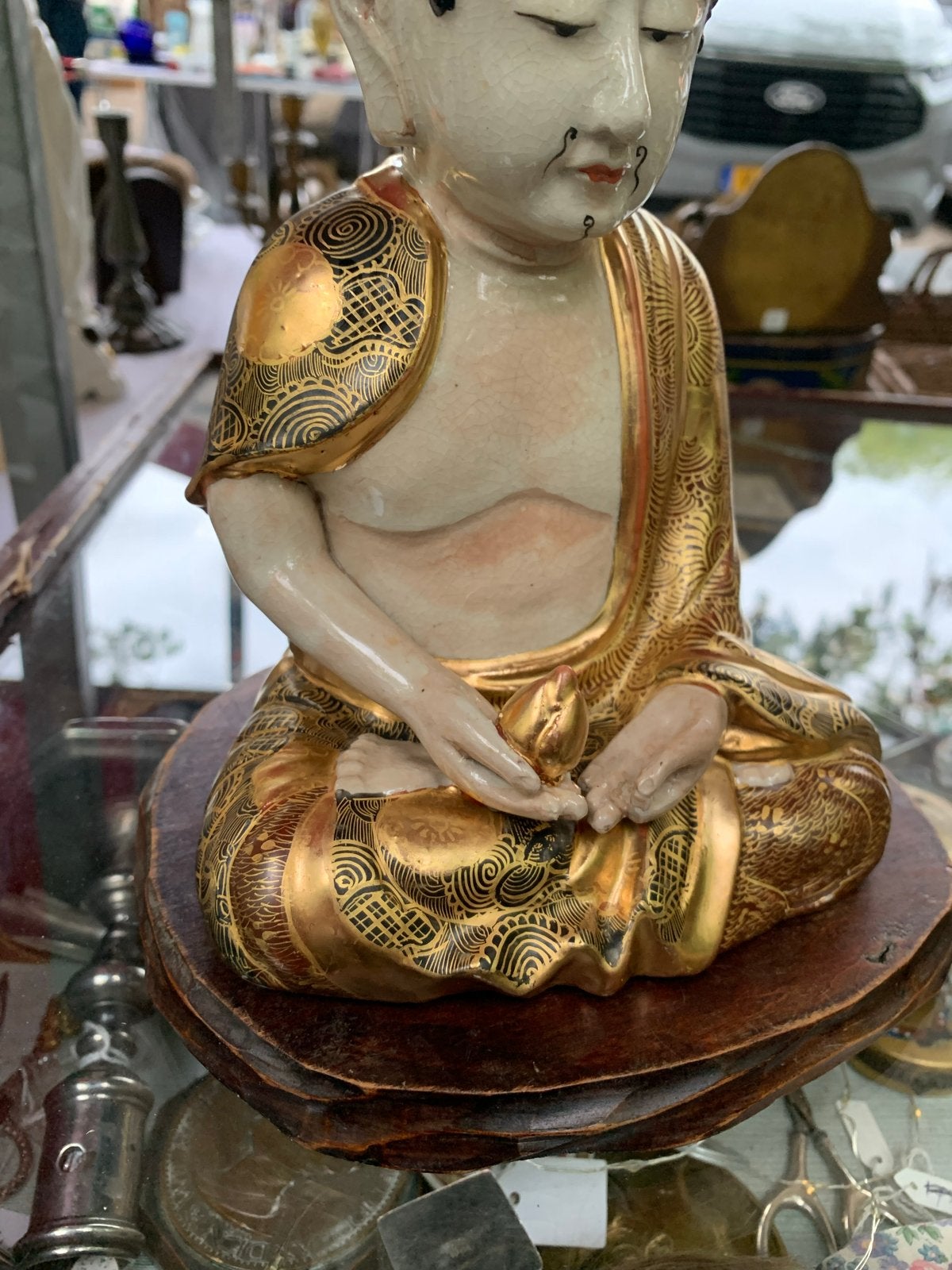 Antieke Japanse Boeddha in bladgoud, gemerkt, Antiek en Kunst, Kunst | Beelden en Houtsnijwerken, Minder dan 20 cm, Ophalen of Verzenden