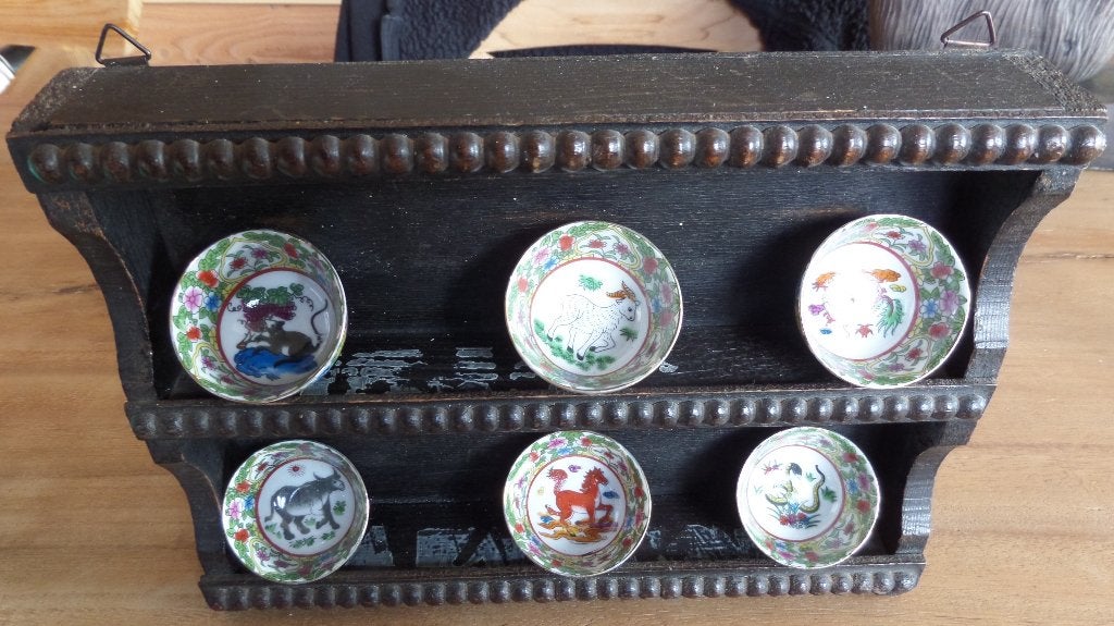 Chinees eierporselein met 6 cups op houder antiek, Ophalen of Verzenden