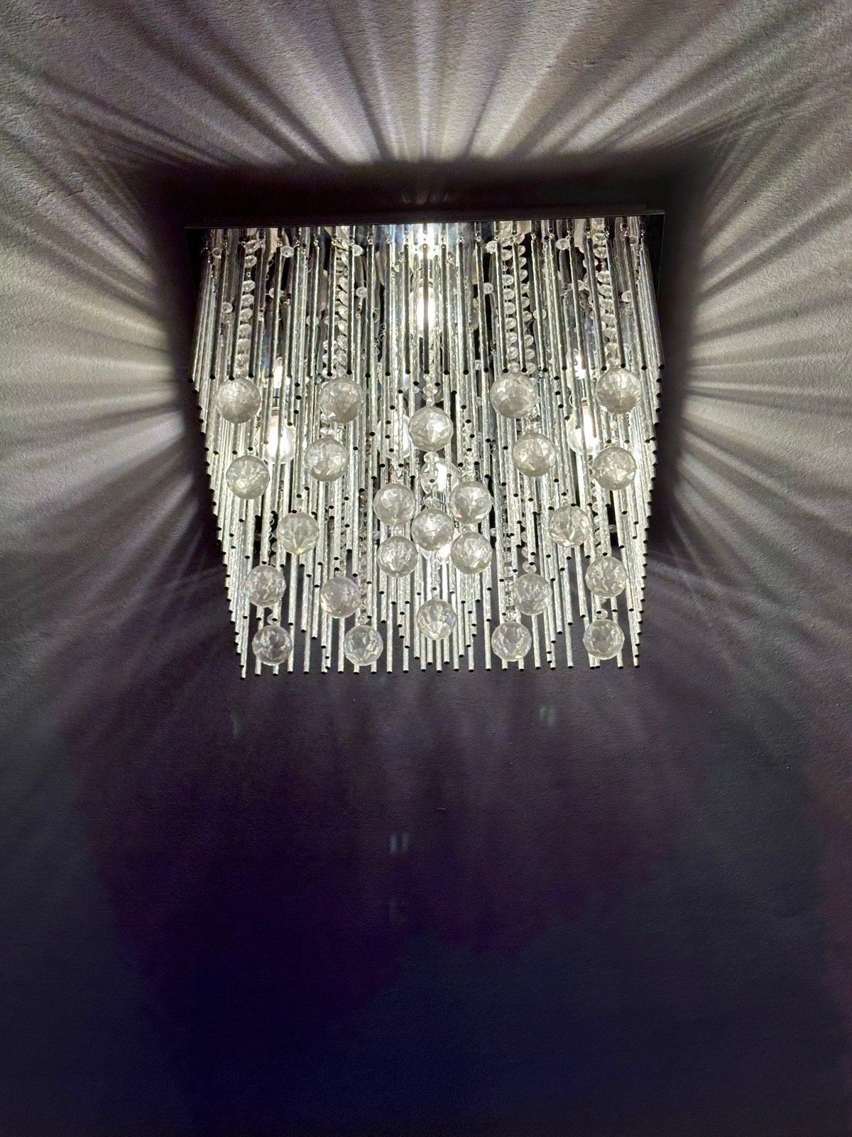 Moderne Plafondlamp met Kristallen en Chrome Afwerking, Gebruikt, Vierkant, Ophalen, Metaal