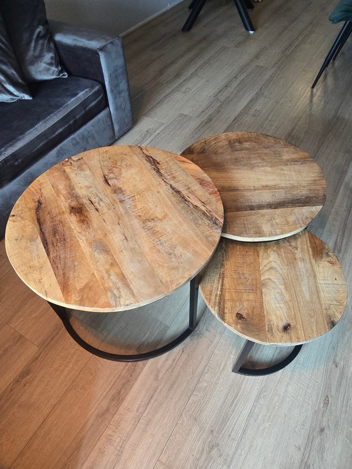 3-delige set salontafels - massief mangohout & zwart metaal, Huis en Inrichting, 50 tot 100 cm, Rond, 50 tot 100 cm, Zo goed als nieuw