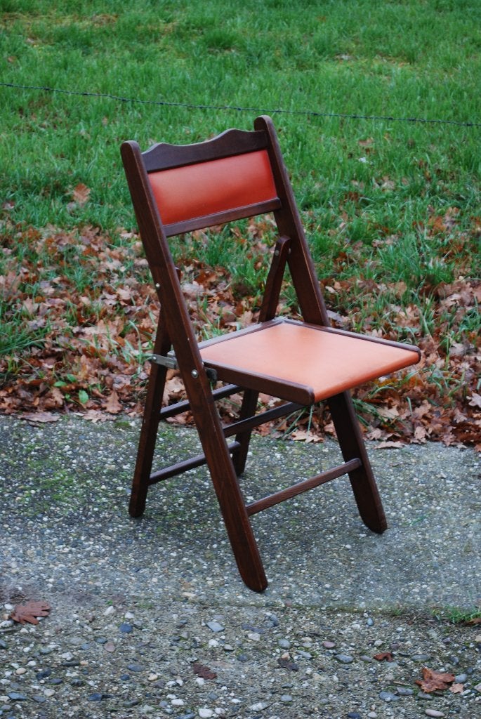Vintage houten klapstoel met oranje skai bekleding, Ophalen, Gebruikt, Bruin, Onbekend