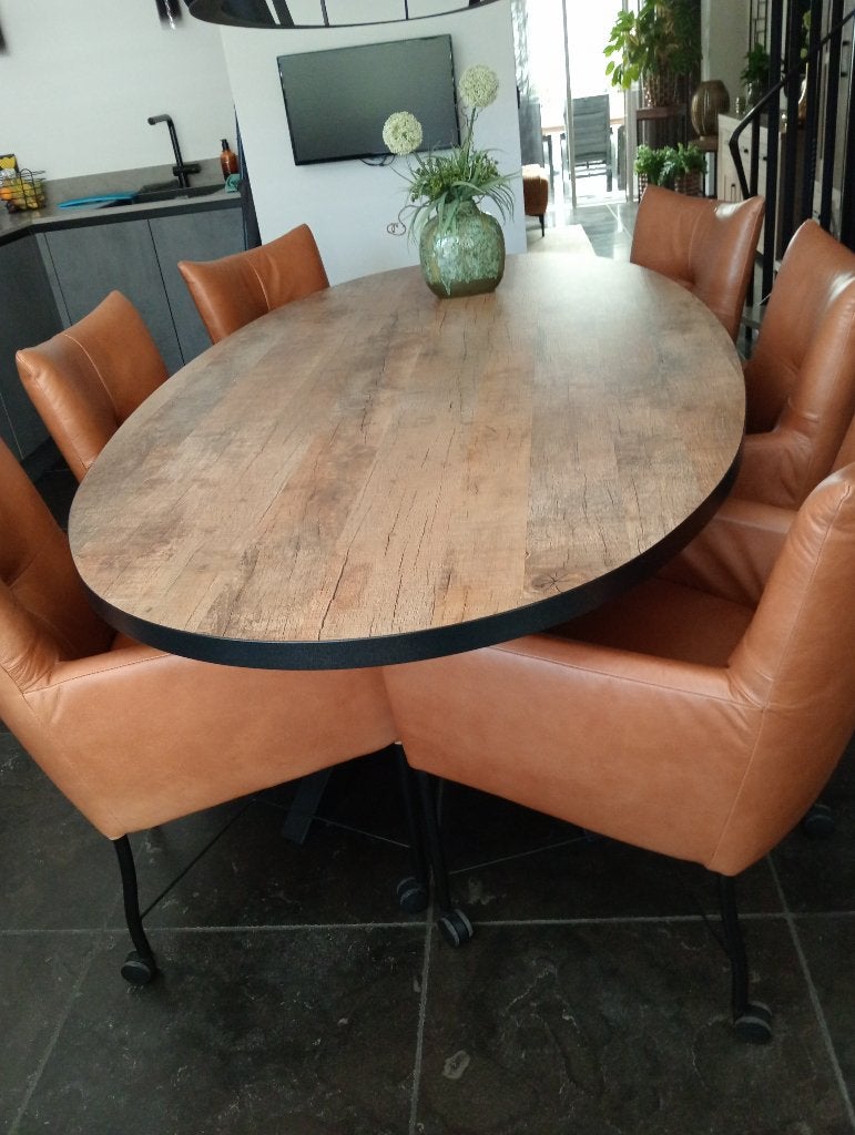 Tafel met 6 leren fauteuils, Ophalen, Zo goed als nieuw, 4 tot 6 stoelen