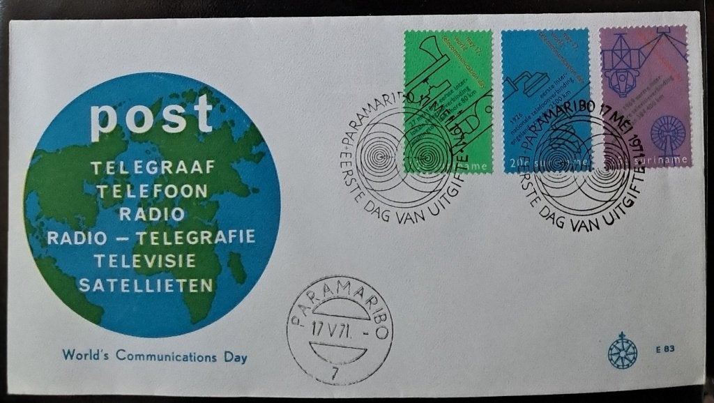 Suriname: Wereld Telecommunicatie Dag envelop 1971, Postzegels en Munten, Postzegels | Eerstedagenveloppen, Ophalen of Verzenden