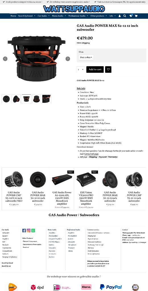 GAS Audio POWER MAX S2-12 12 inch subwoofer 2500WRMS, Info@optimount.nl, Nieuw, Ophalen of Verzenden, Anholtseweg 48A 7091 HB DINXPERLO