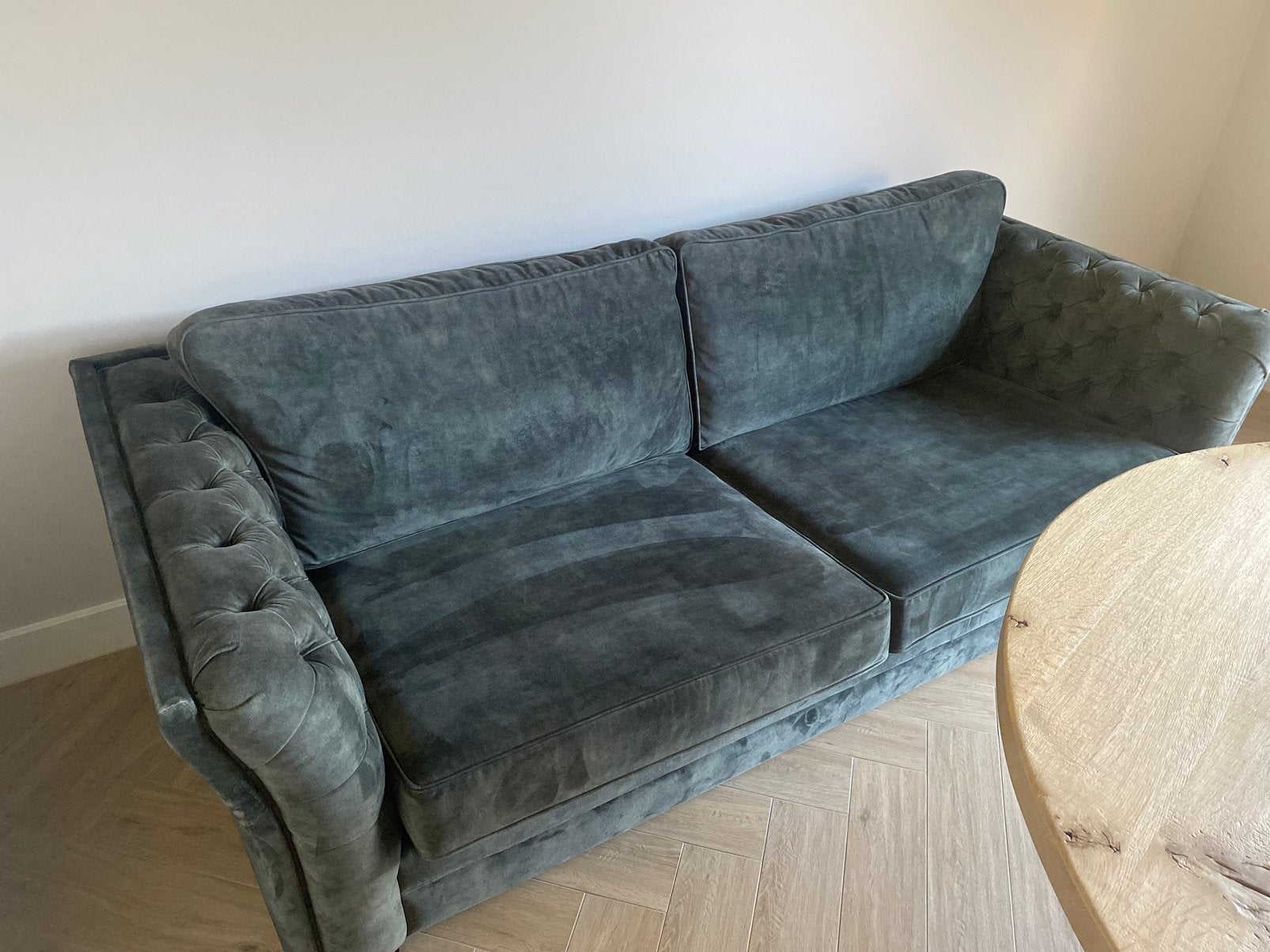 Olijfgroene bank, Ophalen, Driepersoons, 75 tot 100 cm, Zo goed als nieuw