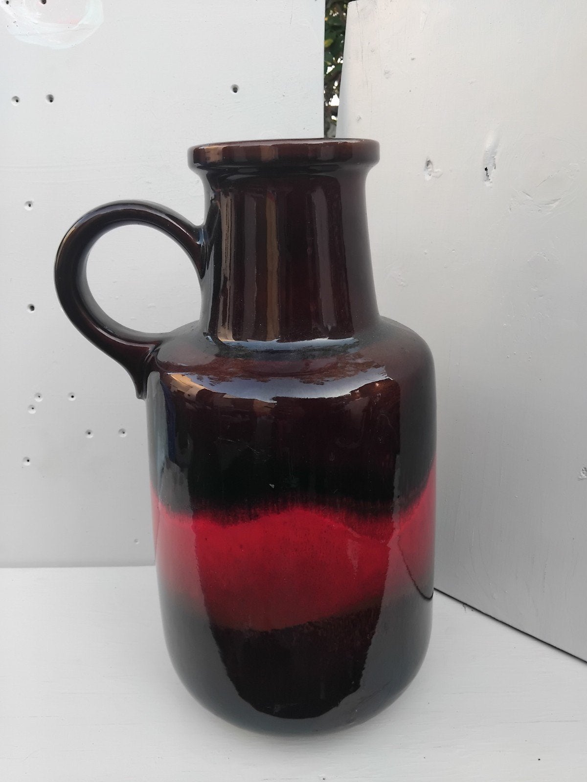 Vintage West-Germany vaas met handvat, rood/bruin, Antiek en Kunst, Ophalen of Verzenden