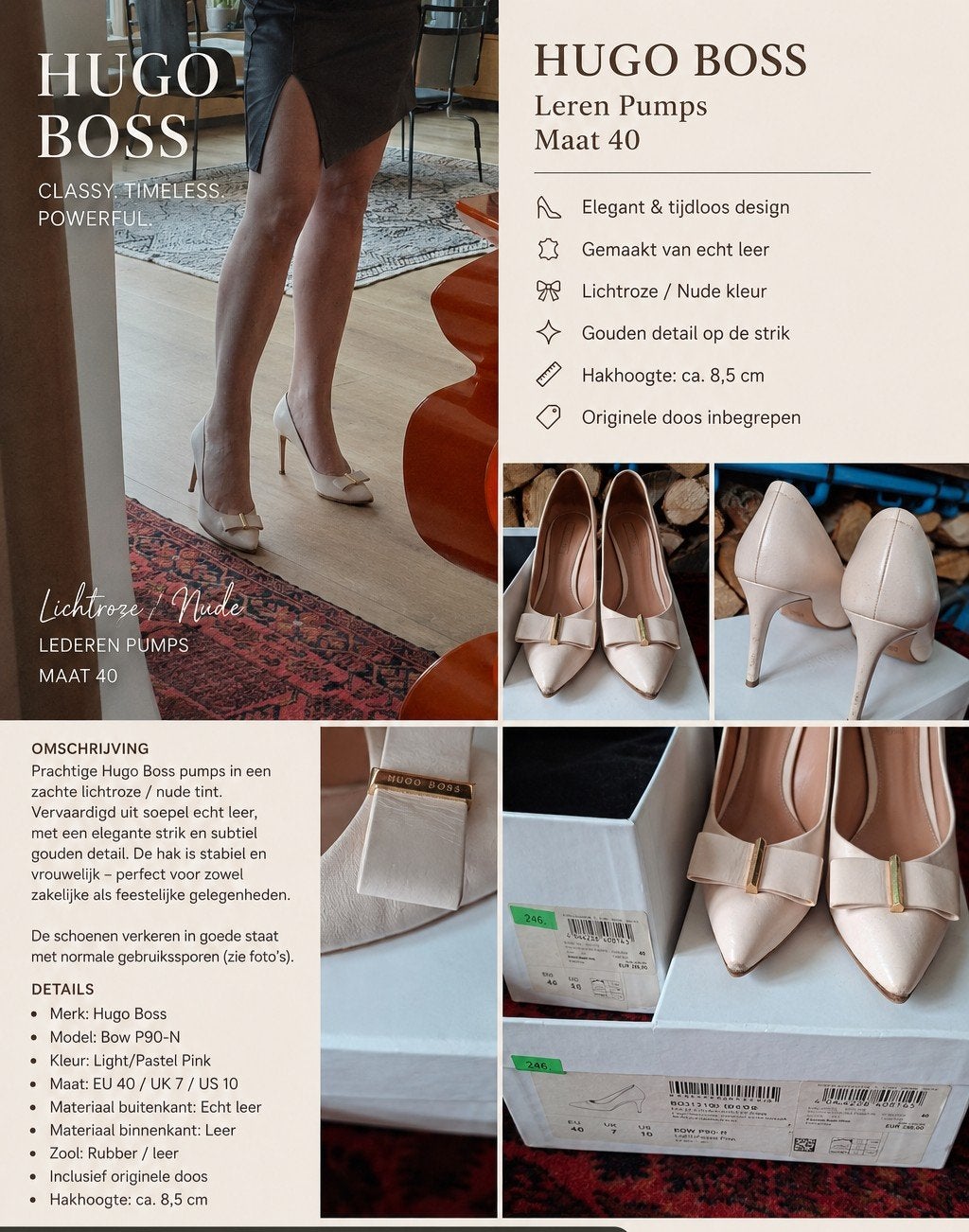 Hugo Boss nude pumps met strik mt 40 leer, Pumps, Ophalen of Verzenden, Zo goed als nieuw, Roze