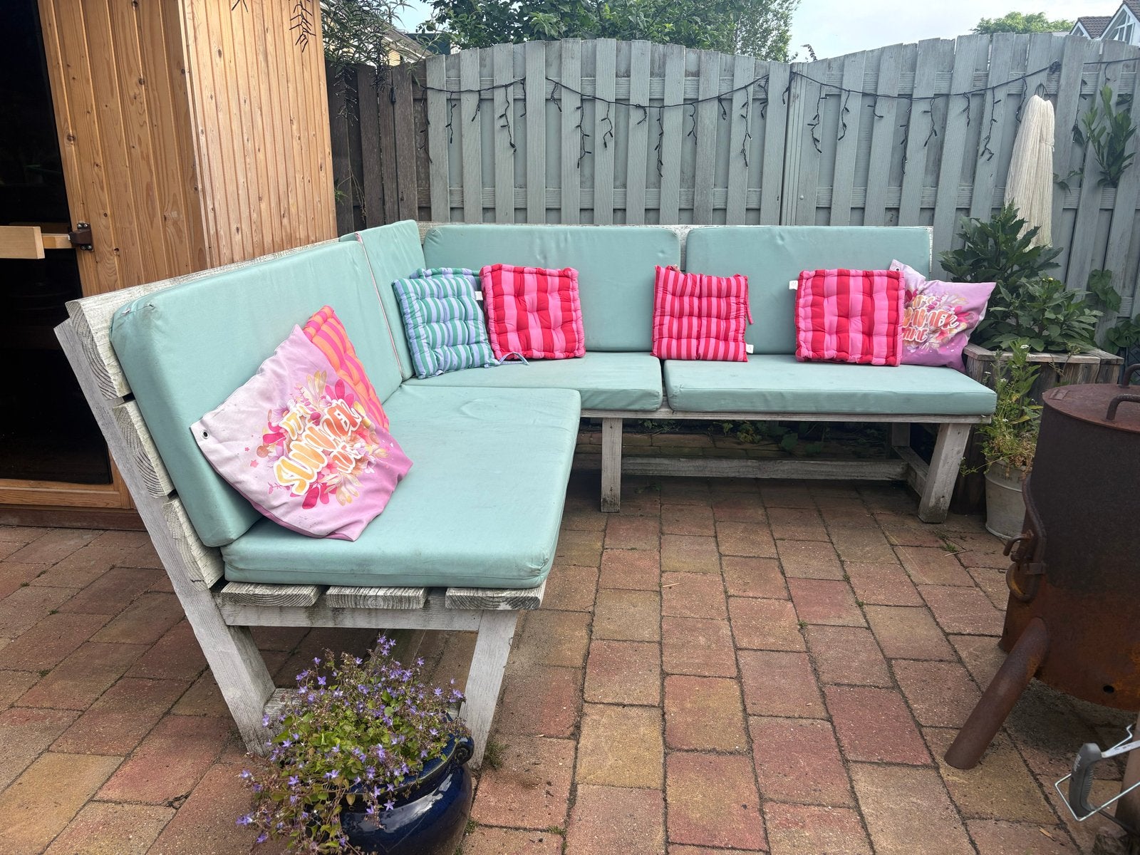 Hoekbank/loungeset met kussens, Tuin en Terras, Ophalen, 5 zitplaatsen, Gebruikt, Loungeset