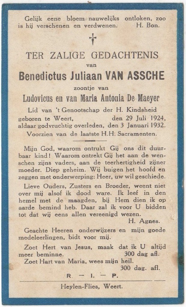 Benedictus Juliaan van Assche 1924 - 1932 Weert, 7 jaar oud, Verzamelen, Verzenden
