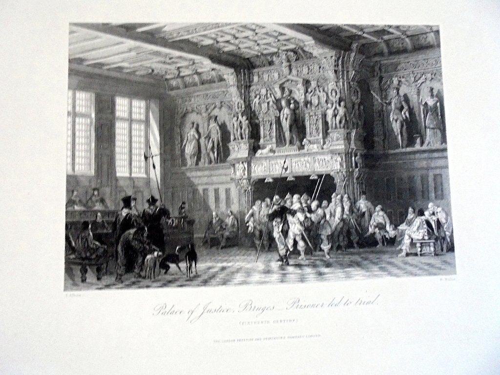 Brugge, België.  Staalgravure. Palace of Justice. ca.1850, Antiek en Kunst, Kunst | Etsen en Gravures, Ophalen of Verzenden, Dagelijks leven