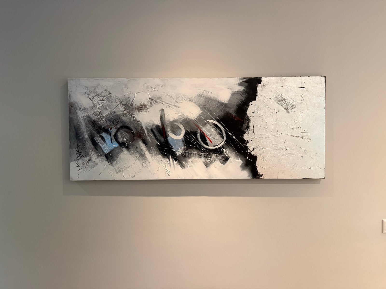 Abstract schilderij in zwart, wit en grijs 150 x 60cm, Antiek en Kunst, Ophalen