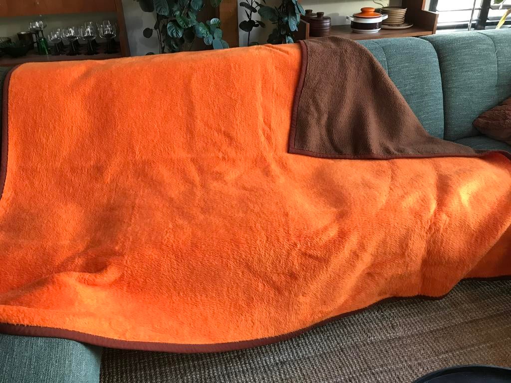 Vintage / retro Real Dralon deken oranje met bruin 🧡🤎, Gebruikt, Bruin, Tweepersoons, Ophalen of Verzenden