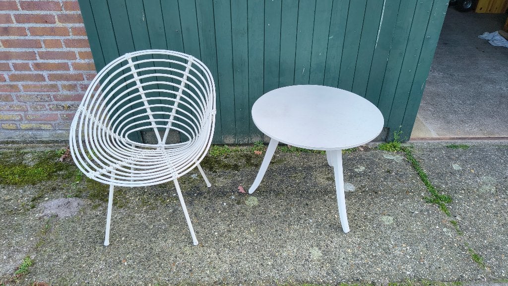 Wit geverfde rotan stoel en tafel set, Ophalen, Gebruikt, Hout, Wit