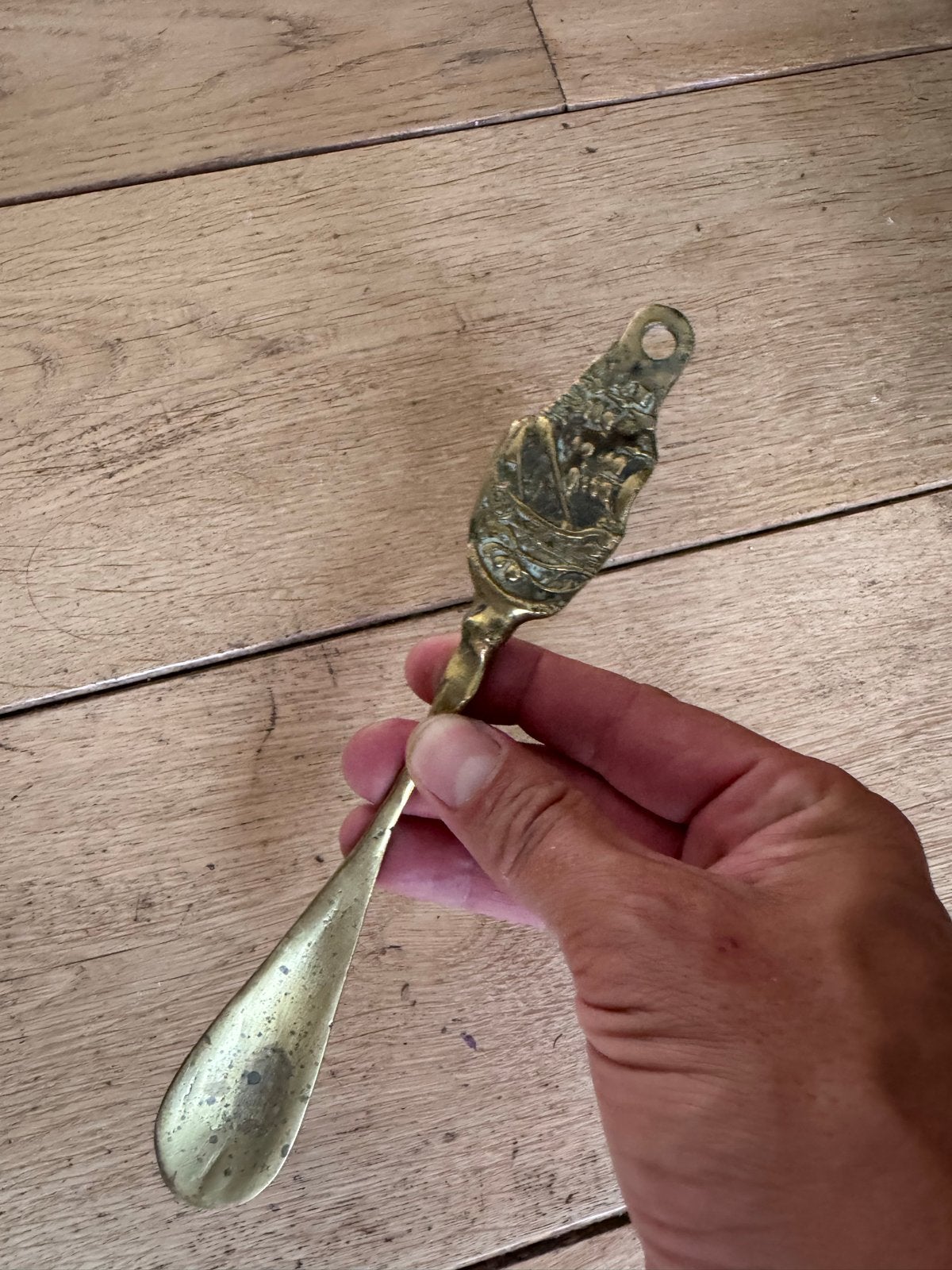 Antieke Messing Schoenlepel met Gedetailleerd Handvat, Ophalen of Verzenden