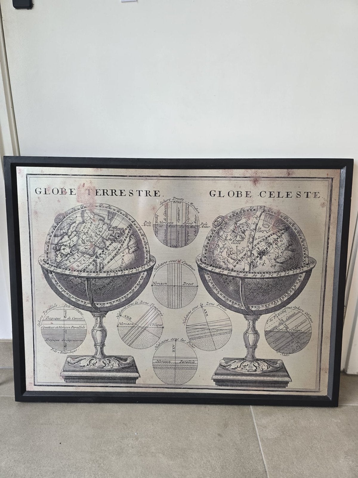 Schilderij 80x60 cm op aluminium - Globe Terrestre & Celeste, Huis en Inrichting, Ophalen, Zo goed als nieuw, Schilderij, 75 tot 100 cm