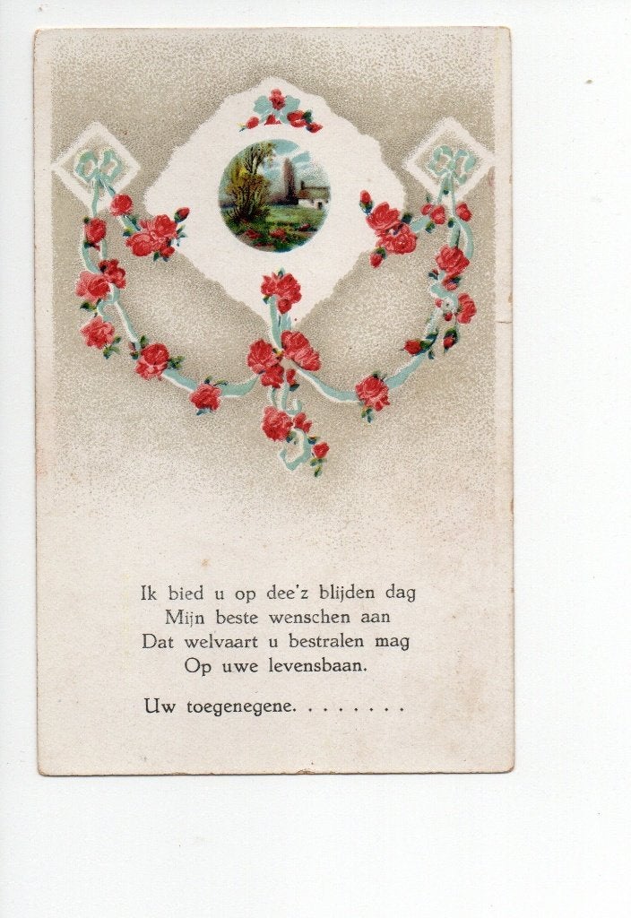 Oude ansichtkaart met rozen en wensen, Ophalen of Verzenden, 1940 tot 1960, Ongelopen