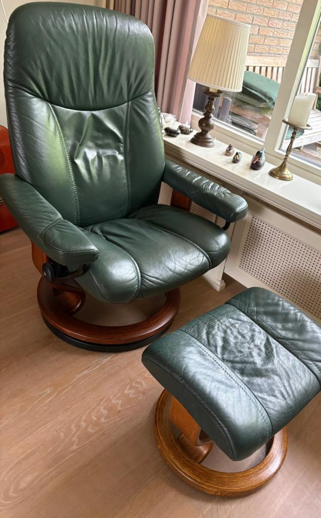 Stressless fauteuil met voetenbank - Donkergroen leer, Ophalen, Gebruikt, Overige kleuren, Leer