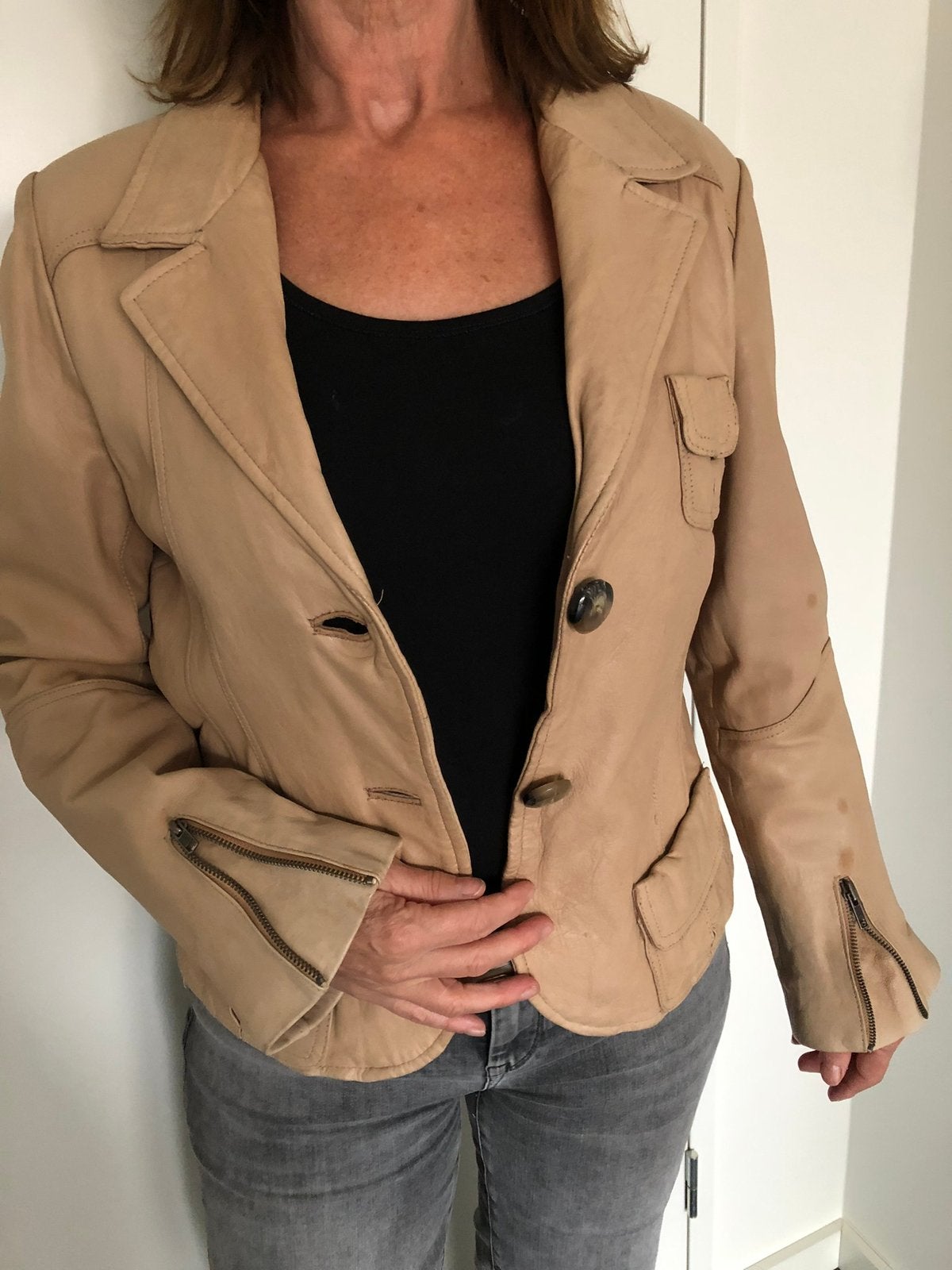 Transmission echt leren jasje beige mt 42, Ophalen of Verzenden, Zo goed als nieuw, Maat 42/44 (L), Beige
