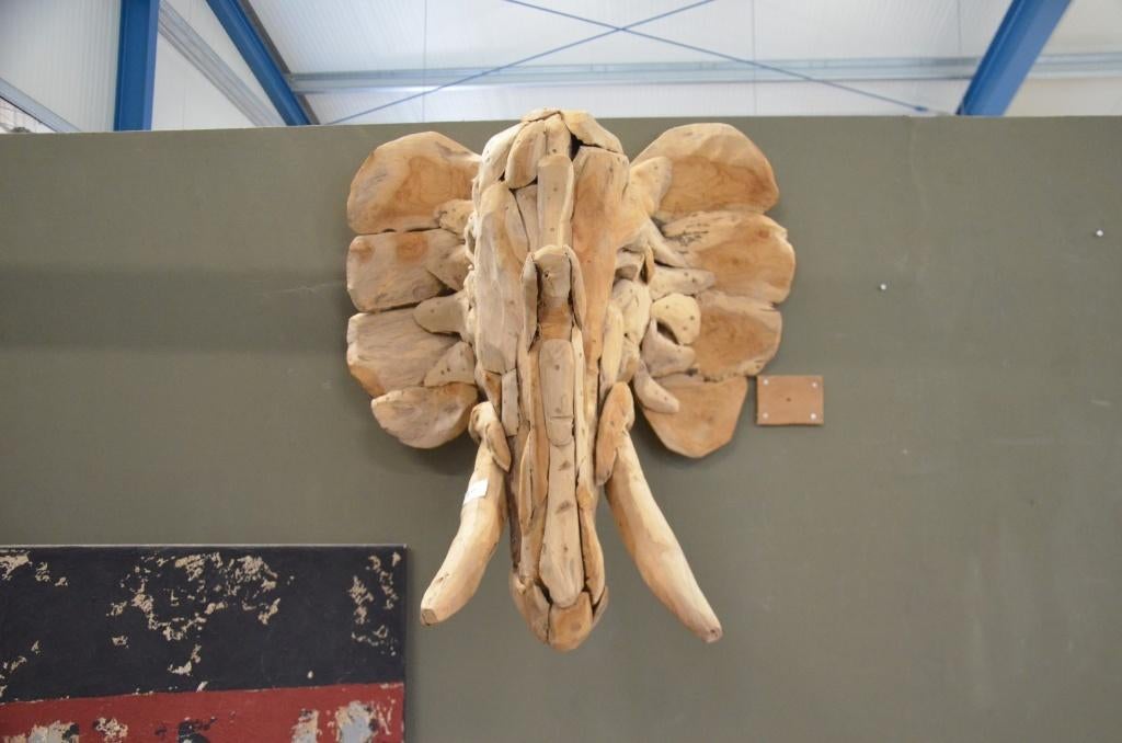 Handgesneden grote Olifantenkop van Teakhout, Houtsnijwerk, Verzenden, 50 - 100 cm, Hout