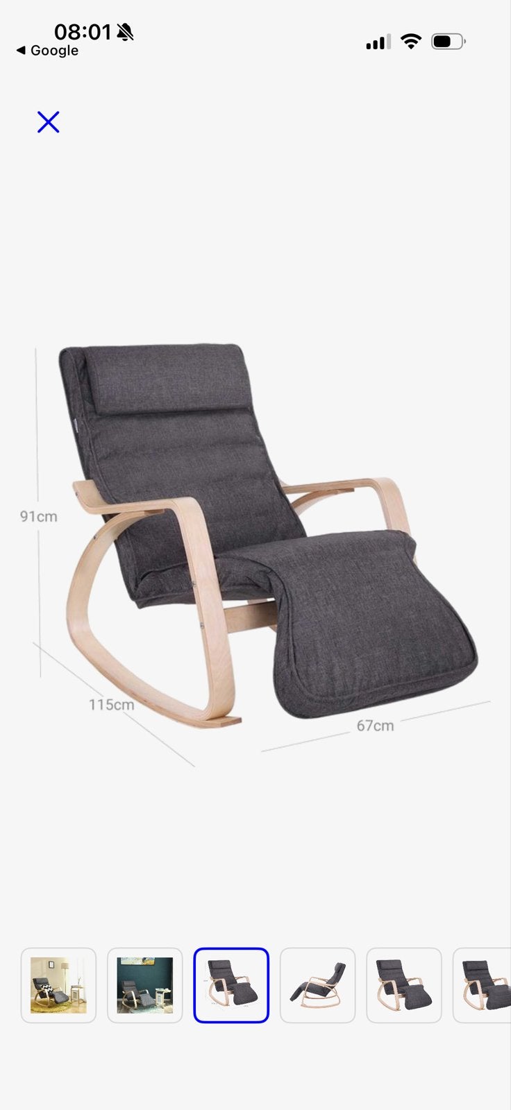 Songmics Schommelstoel Relaxfauteuil Grijs Hout en Stof, Ophalen, Zo goed als nieuw, Hout, Eén