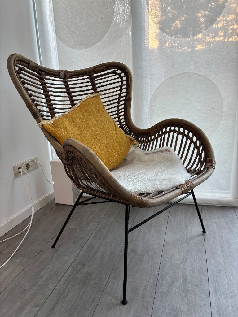 Rotan fauteuil met metalen onderstel, Gebruikt, Bruin, Metaal, Eén