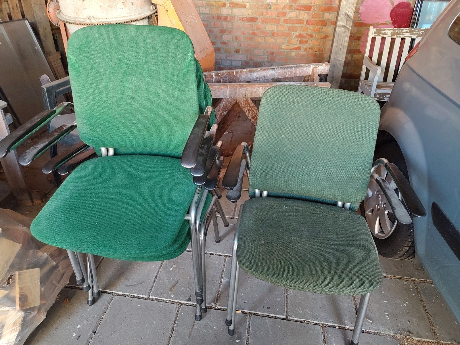 6 gratis gebruikte stoelen (stalen frame, groene bekleding), Ophalen, Gebruikt, Overige kleuren, Metaal