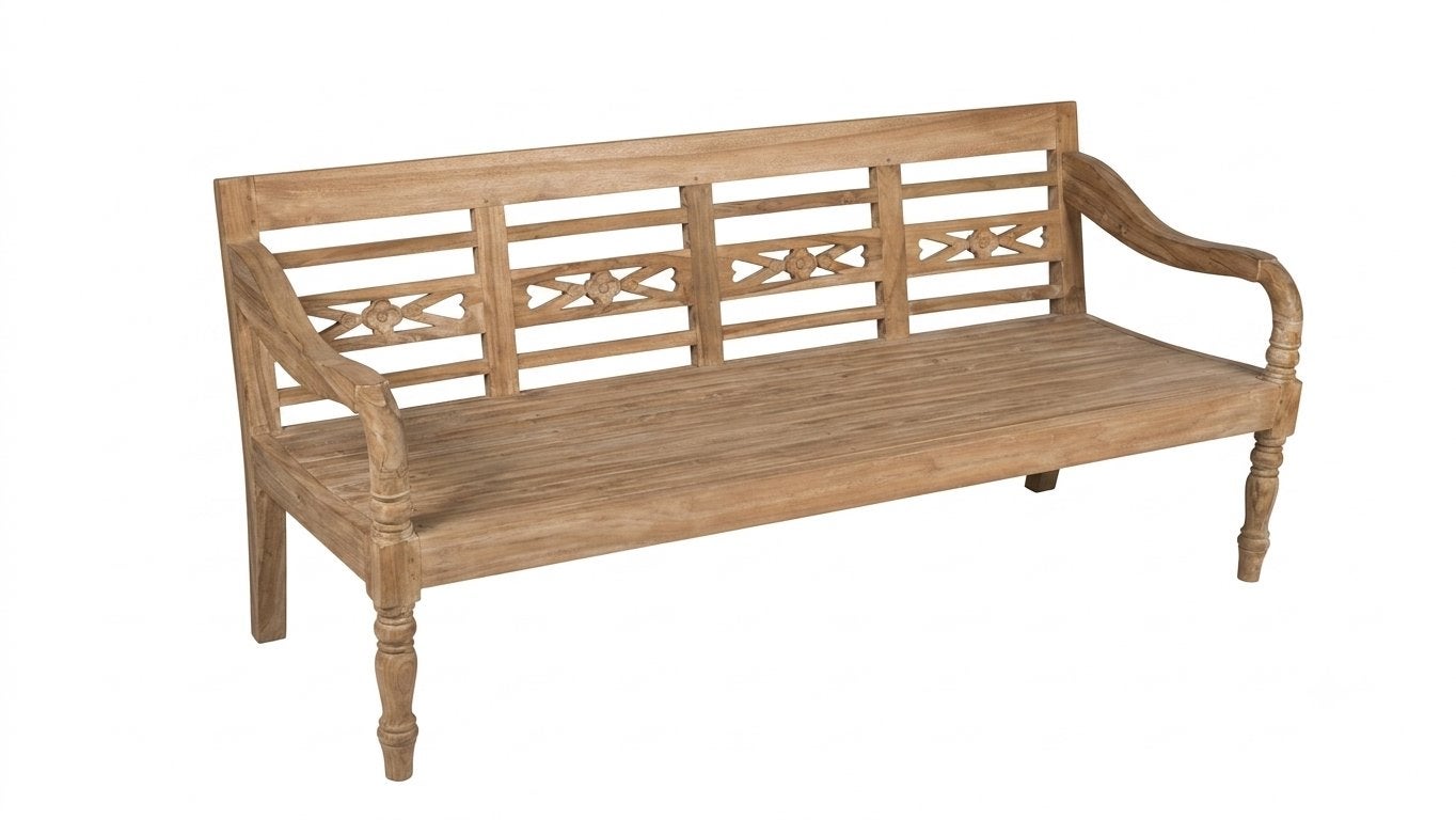 Houten tuinbank met sierlijk houtsnijwerk, Ophalen, 150 tot 200 cm, Driepersoons, 75 tot 100 cm