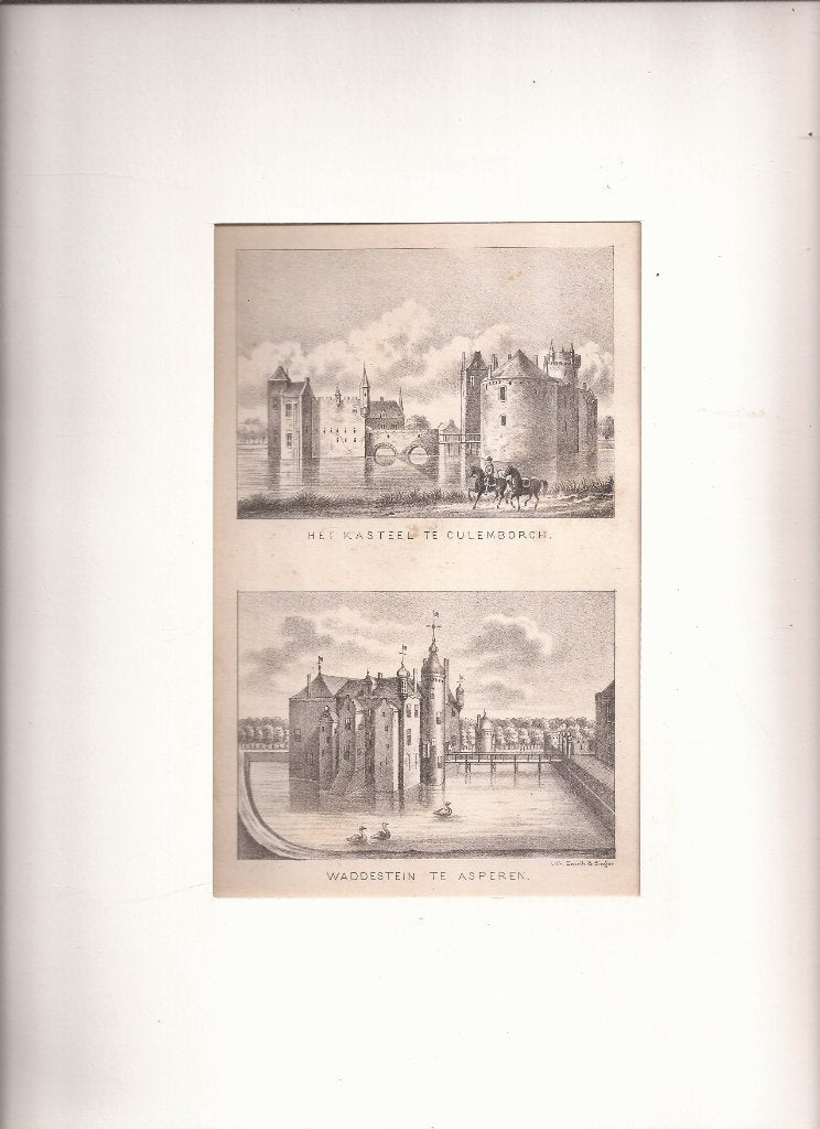 Het Kasteel te Culemborch & Waddestein te Asperen Litho 1875, 1800 - 1899, Architectuur, Ophalen of Verzenden, Origineel