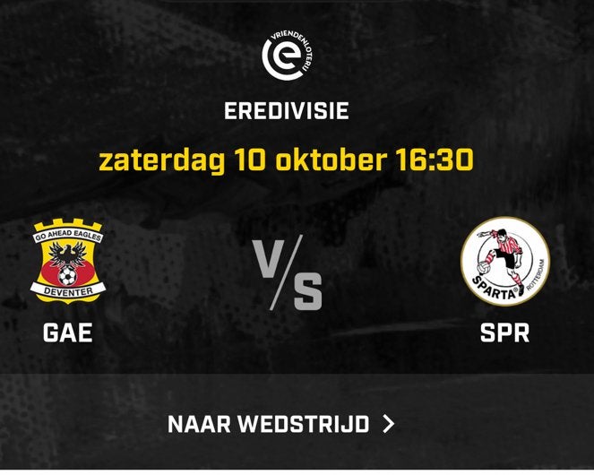 1 ticket Go Ahead Eagles - Sparta Rotterdam, Tickets en Kaartjes, Eén persoon, April