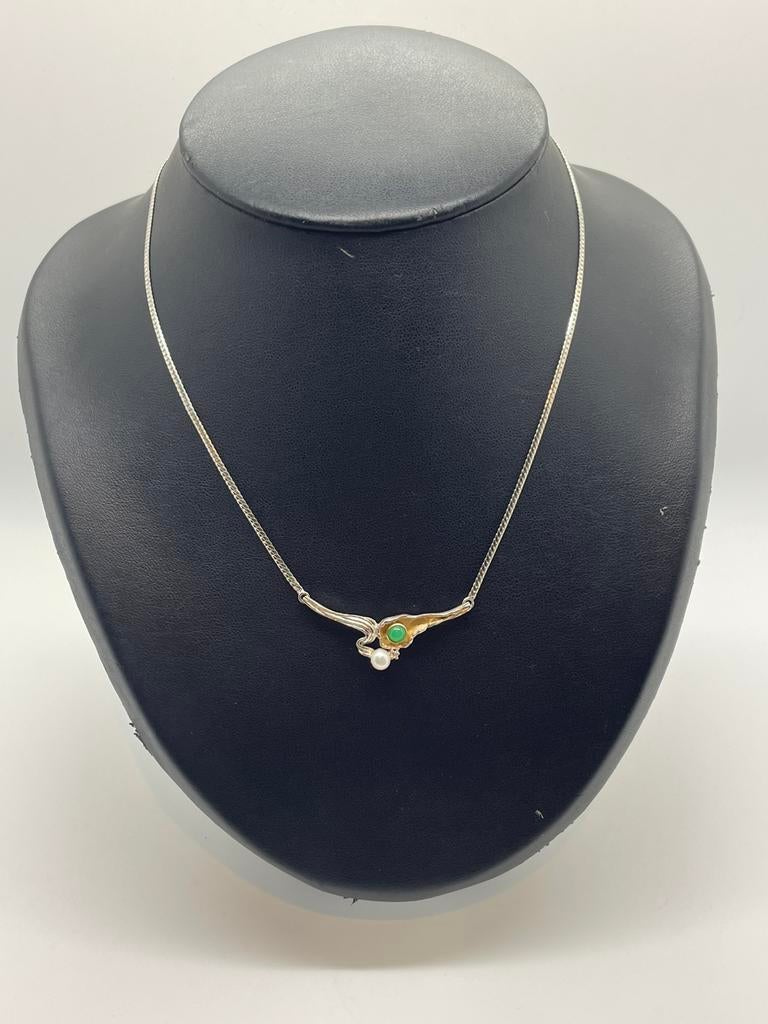 C861 Prachtige zilveren ketting bicolor parel jade, Sieraden, Tassen en Uiterlijk, Antieke sieraden, Ophalen of Verzenden, Zilver