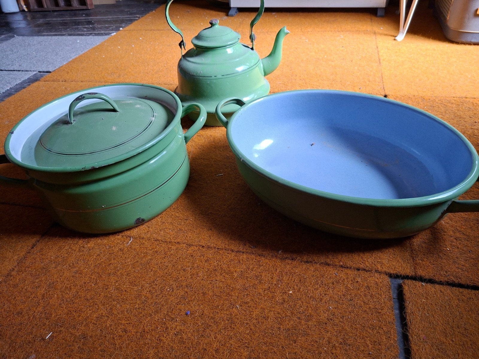 Vintage geëmailleerde keukenset: theepot, pan, schaal, Ophalen of Verzenden