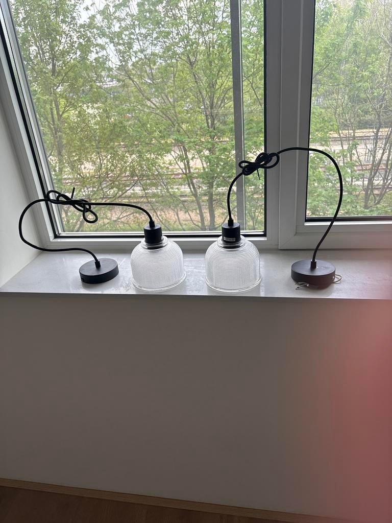 Set van 2 glazen hanglampen doorsnee 14 cm, Huis en Inrichting, Lampen | Hanglampen, Ophalen, Zo goed als nieuw, Glas, Minder dan 50 cm
