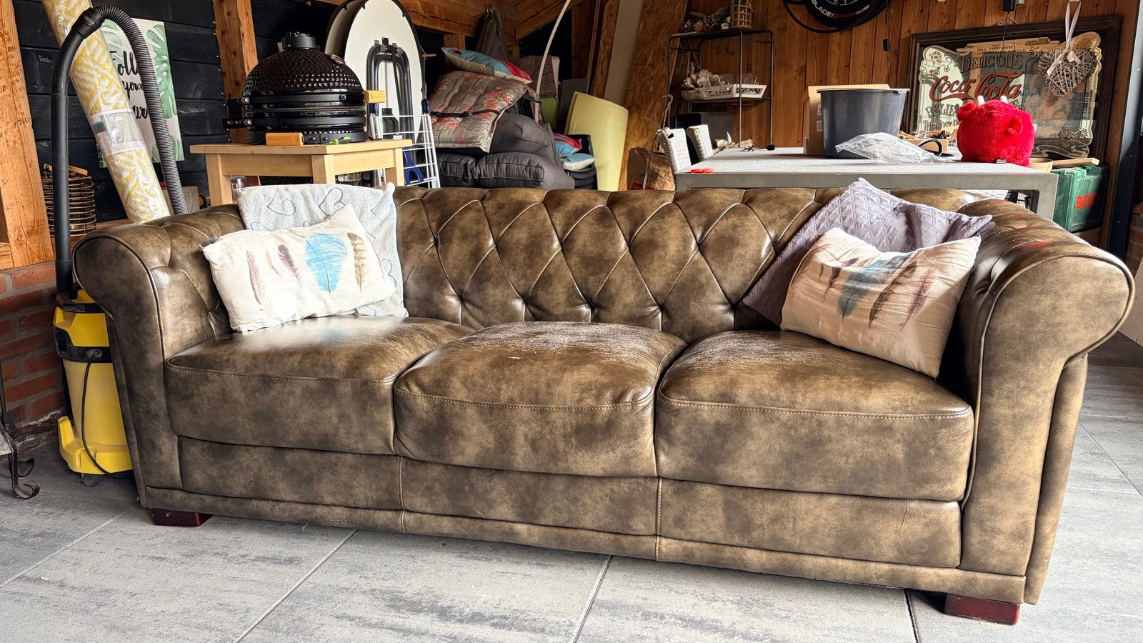 Chesterfield look bank - donkergroen lederlook- 3-zits, Ophalen, Gebruikt, Driepersoons, Rechte bank