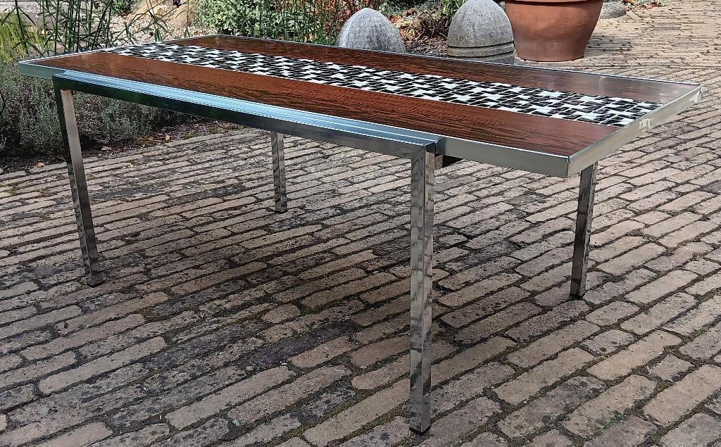 Vintage design salontafel koffietafeltje teak RVS mozaïek, Huis en Inrichting, Tafels | Salontafels, 100 tot 150 cm, Space age, vintage, spoednik,