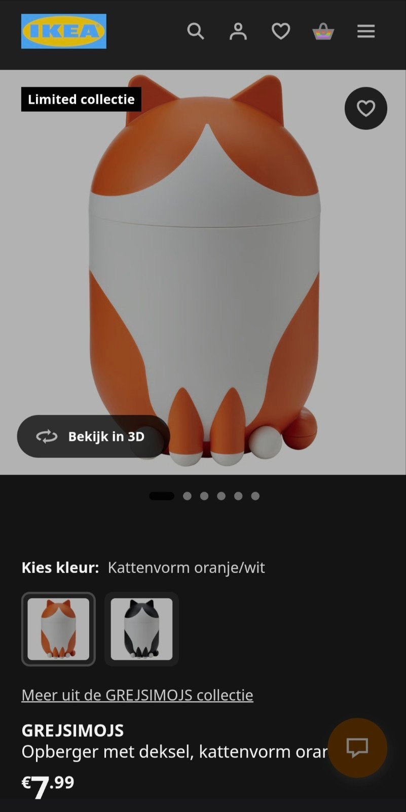 Gezocht: Ikea GREJSIMOJS kat oranje/

wit, Ophalen