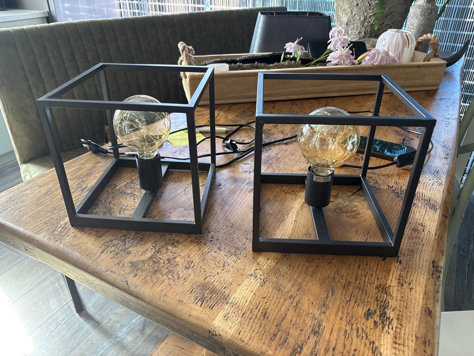 Set van 2 zwarte tafellampen met Edison LED lampen, Overige merken, Metaal, Industrieel, E27 (groot)