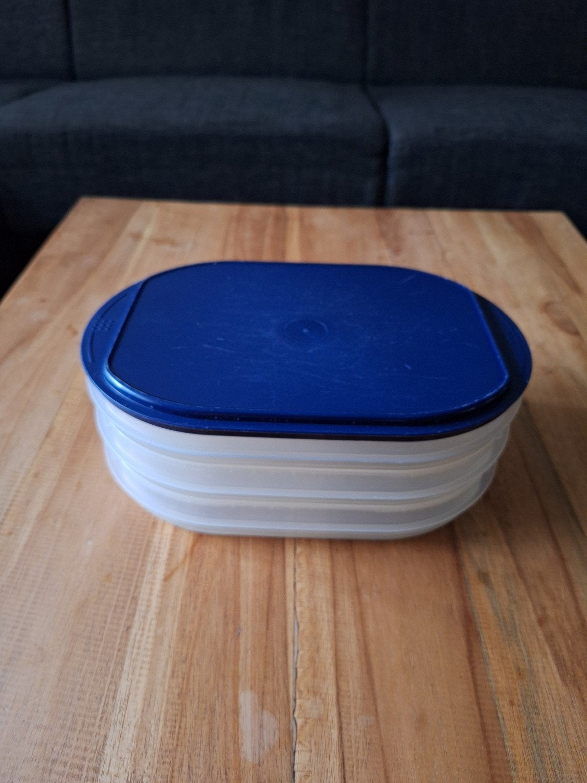 Tupperware vleeswaren bakjes met blauw deksel, Gebruikt, Bewaardoos, Blauw, Met deksel