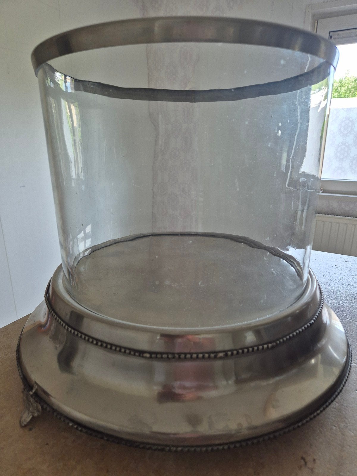 XXL Windlicht Glas met Metalen Voet - 48x38 cm, Ophalen, Glas, Zilver, Gebruikt