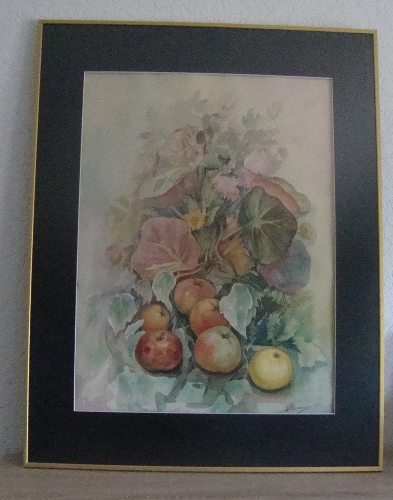 Stilleven met appels en bloemen / Aquarel - Jan Keustermans, Ophalen, Gedateerd, Realistisch, Stilleven